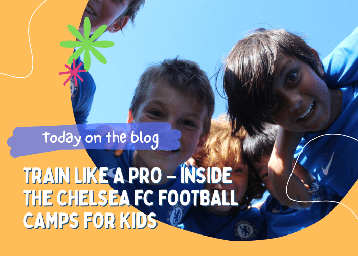 Children training in official Chelsea FC kits at a football holiday camp